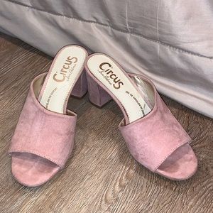 Pink suede mule heels